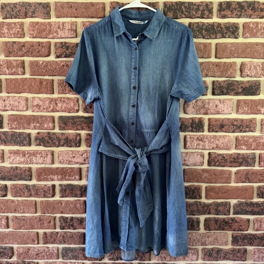 Denim Shirt Dress Lightweight Cotton Short Sleeve Tie Waist Large NWT Western